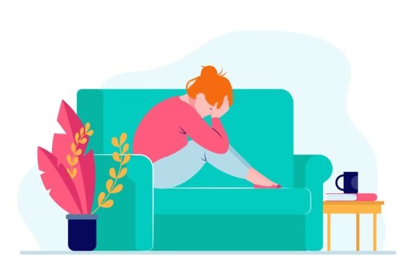 Young depressed woman sitting on sofa and holding head. Depression, health, problem flat vector illustration. Stress and emotion concept for banner, website design or landing web page